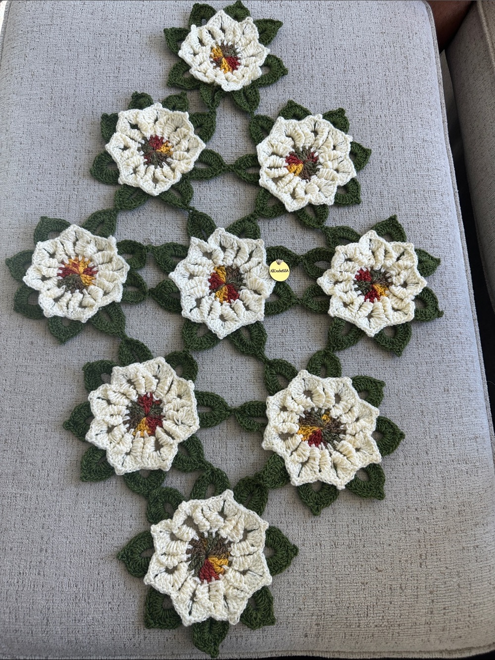 Gorgeous All Crochet USA Handmade Floral 3D Table Runner in Cream and Green